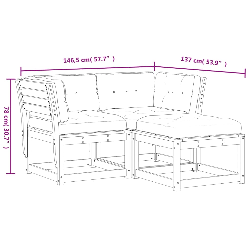 3 pcs conj. sofás jardim c/ almofadões madeira douglas maciça