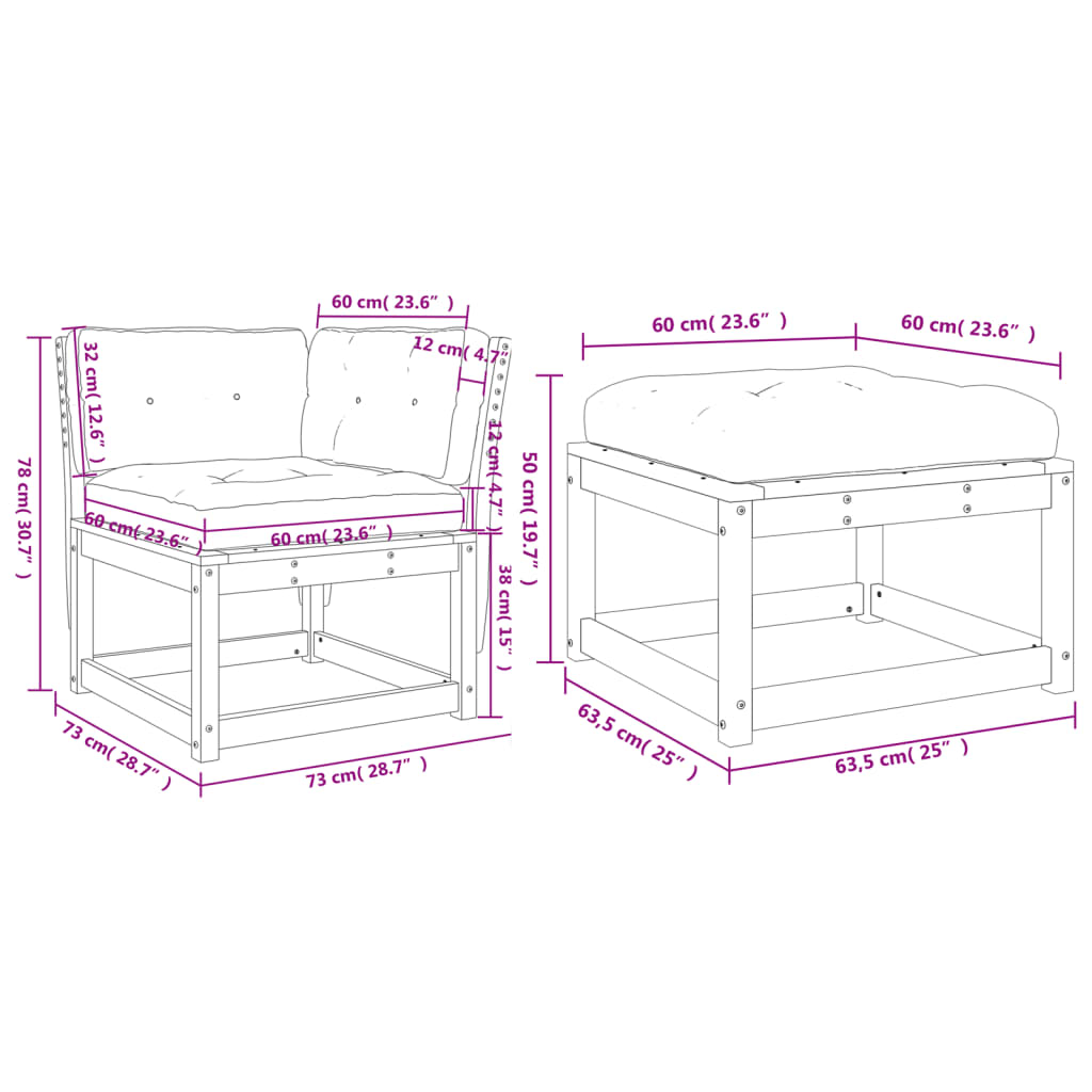 3 pcs conjunto sofás de jardim c/ almofadões pinho impregnado