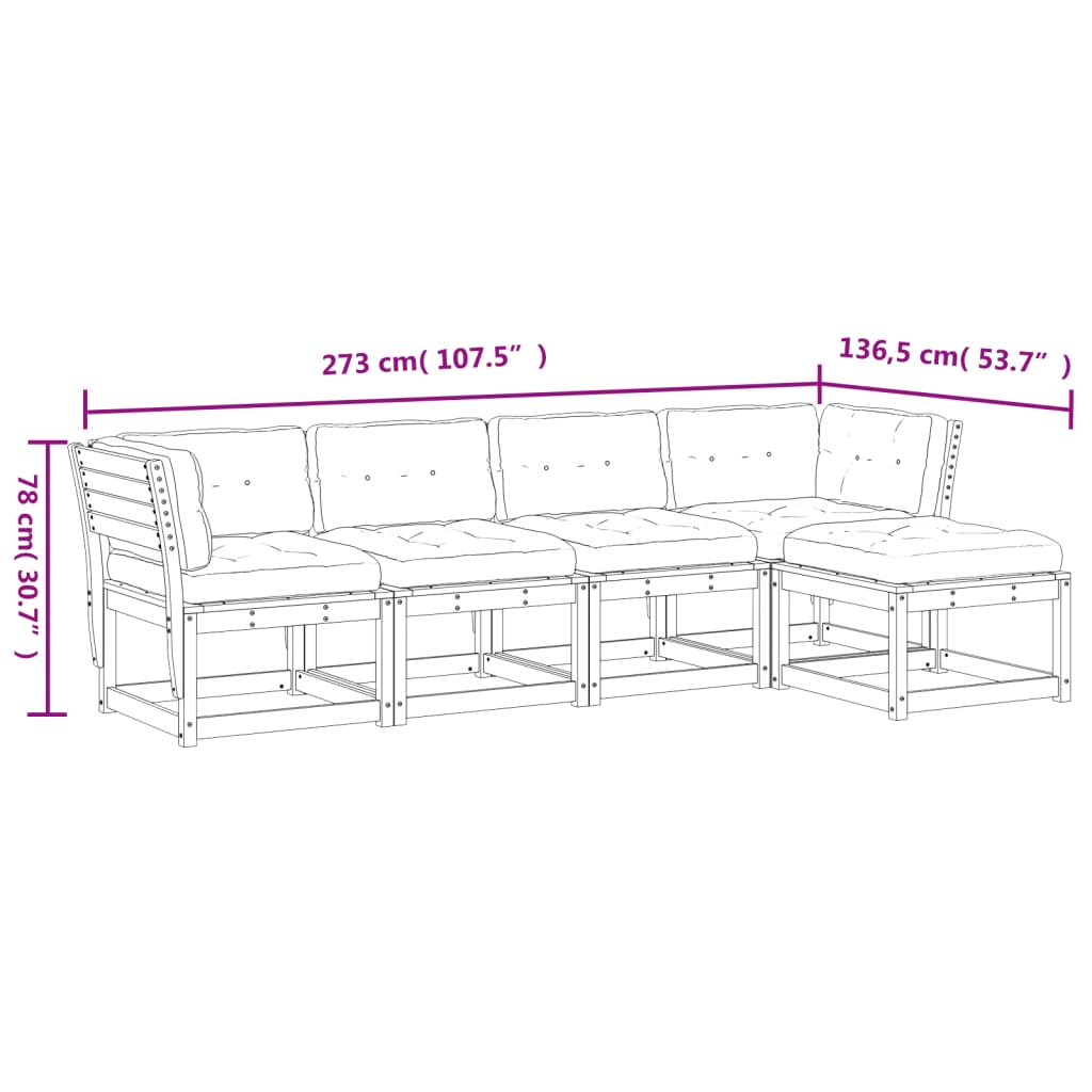 5 pcs conj. sofás de jardim c/ almofadões pinho maciço branco