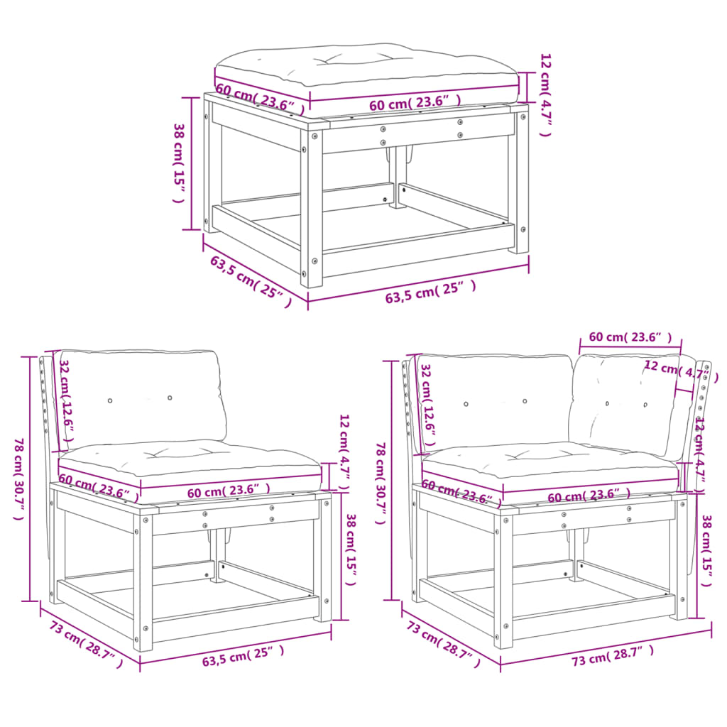 5 pcs conjunto sofás de jardim c/ almofadões pinho impregnado