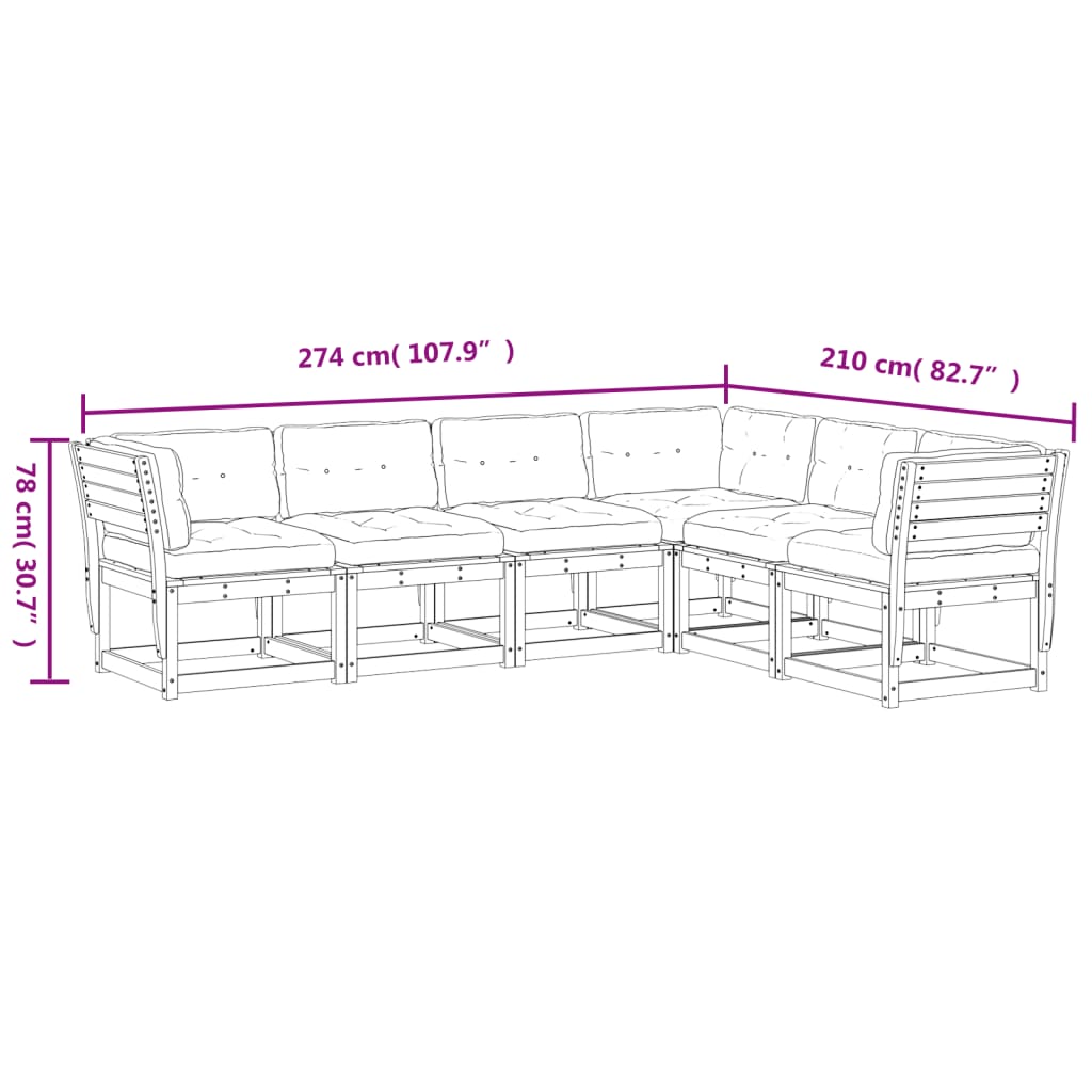 6 pcs conj. sofás jardim almofadões pinho maciço castanho cera