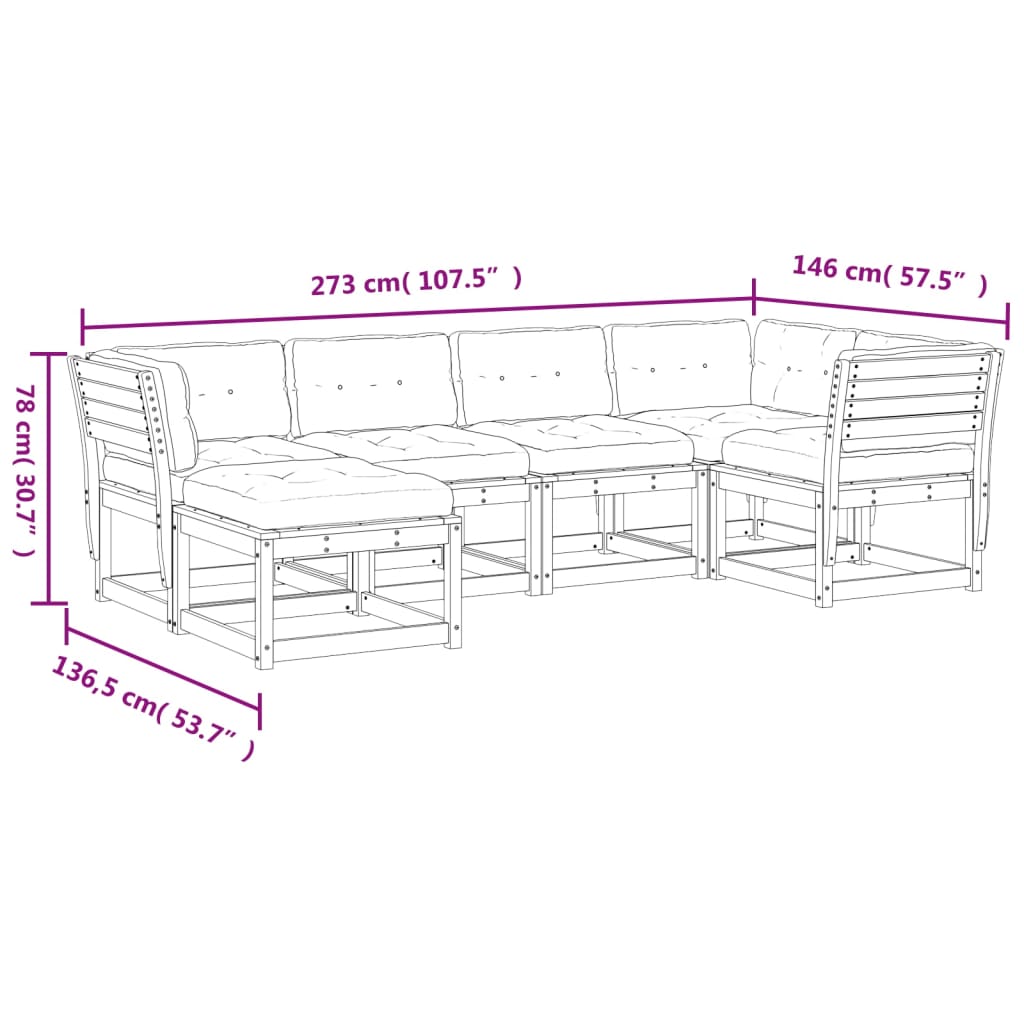 6 pcs conjunto de sofás de jardim c/ almofadões pinho maciço