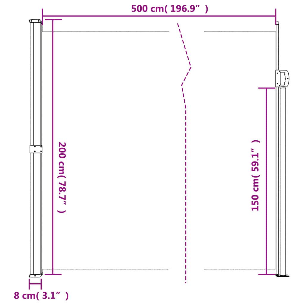 Toldo lateral retrátil 200x500 cm preto