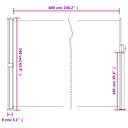 Toldo lateral retrátil 160x600 cm preto