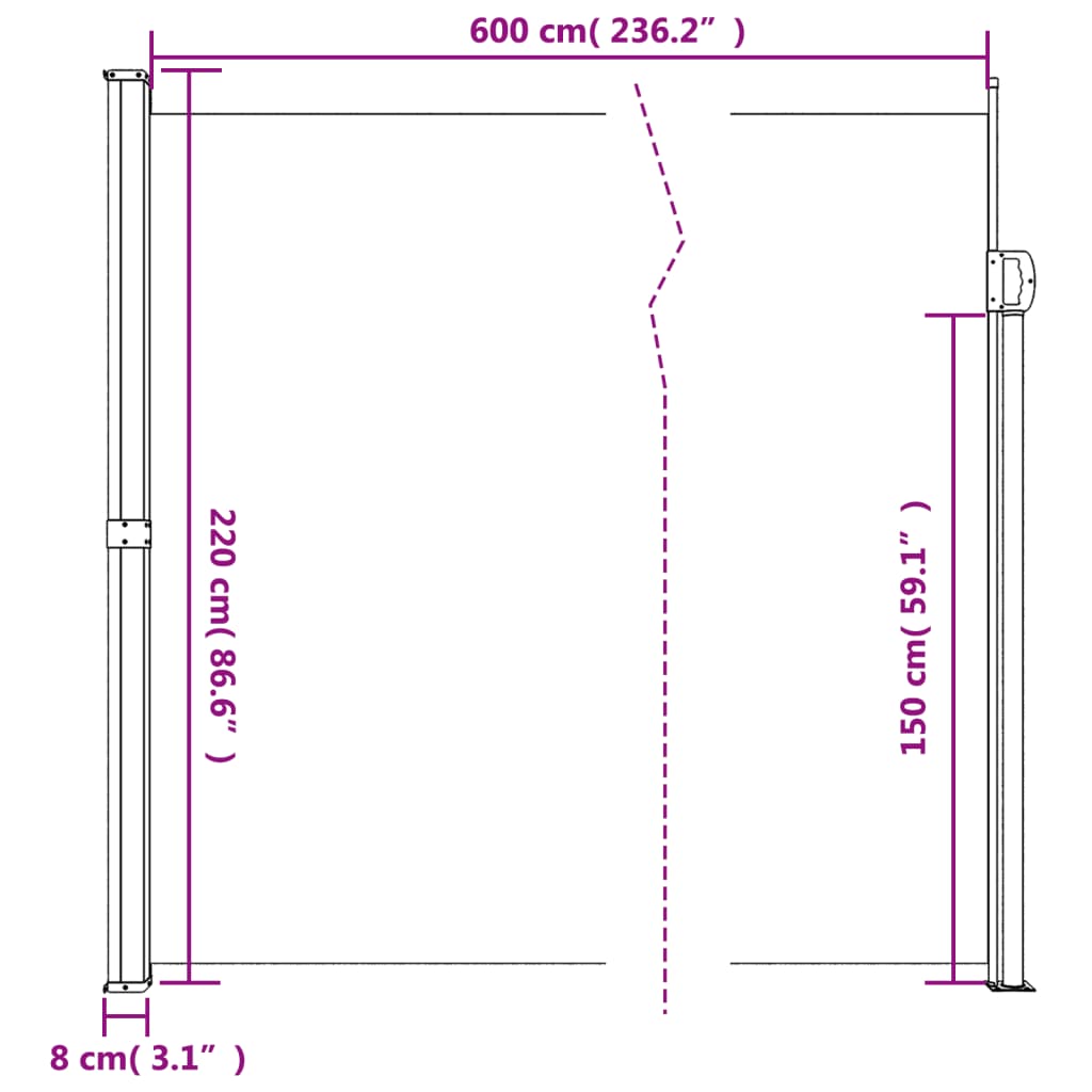 Toldo lateral retrátil 220x600 cm preto