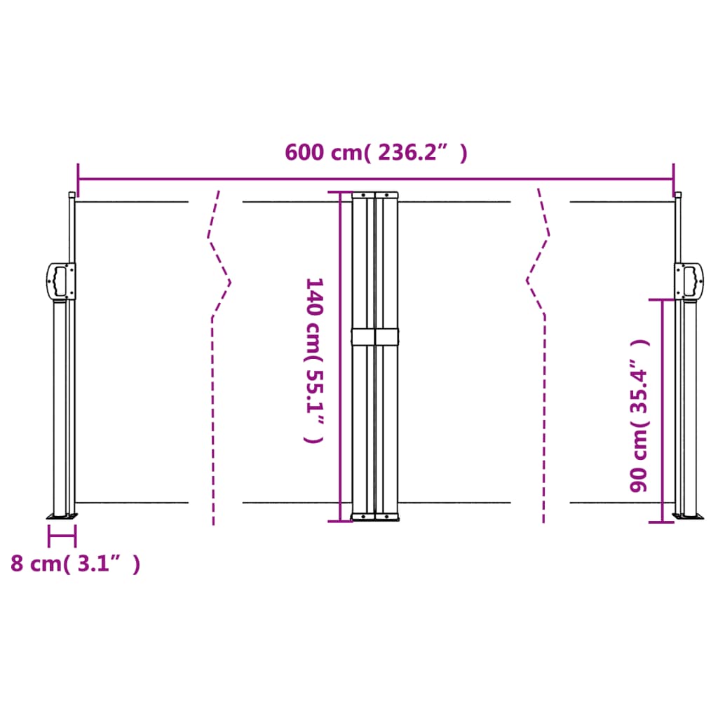 Toldo lateral retrátil 140x600 cm preto