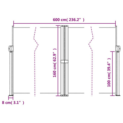 Toldo lateral retrátil 160x600 cm preto