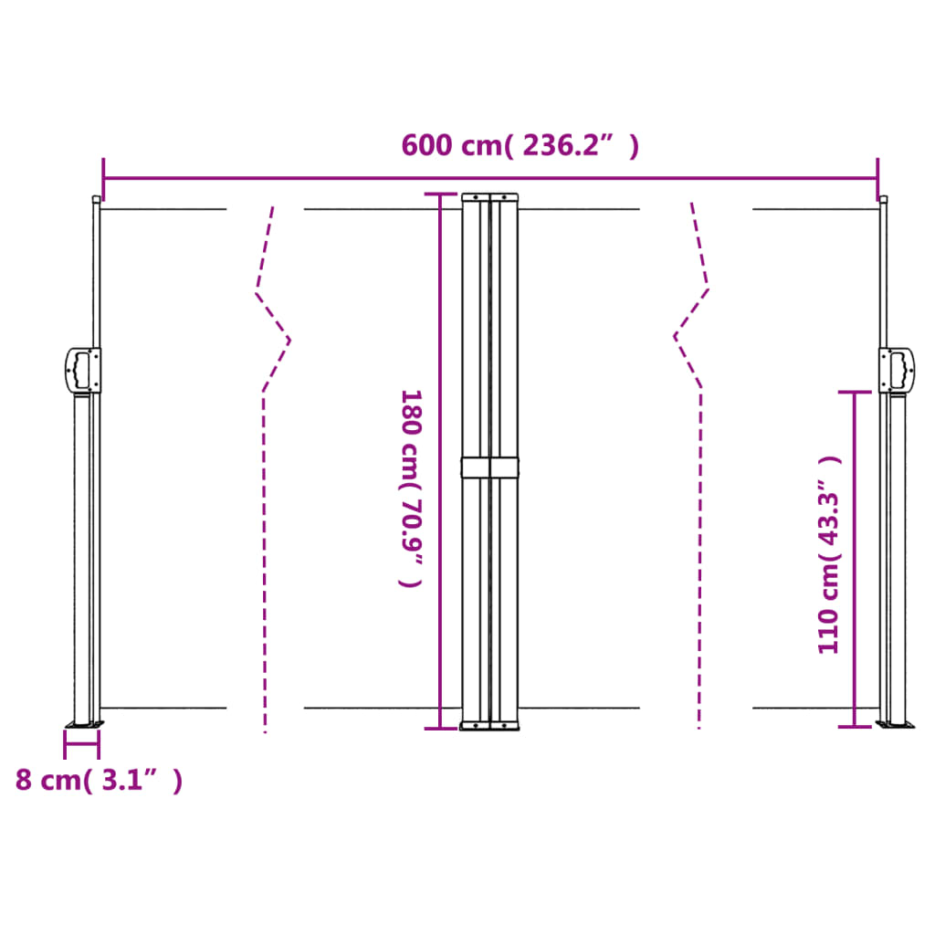 Toldo lateral retrátil 180x600 cm preto