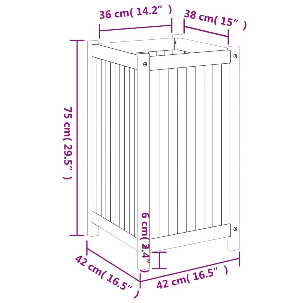 Vaso/floreira de jardim com forro 42x42x75 cm acácia maciça