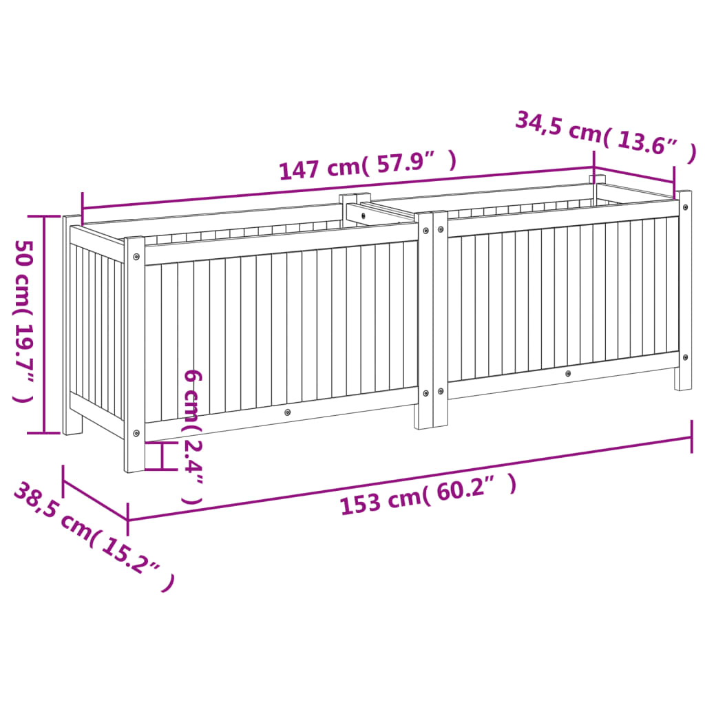 Vaso/floreira de jardim com forro 153x38,5x50 cm acácia maciça