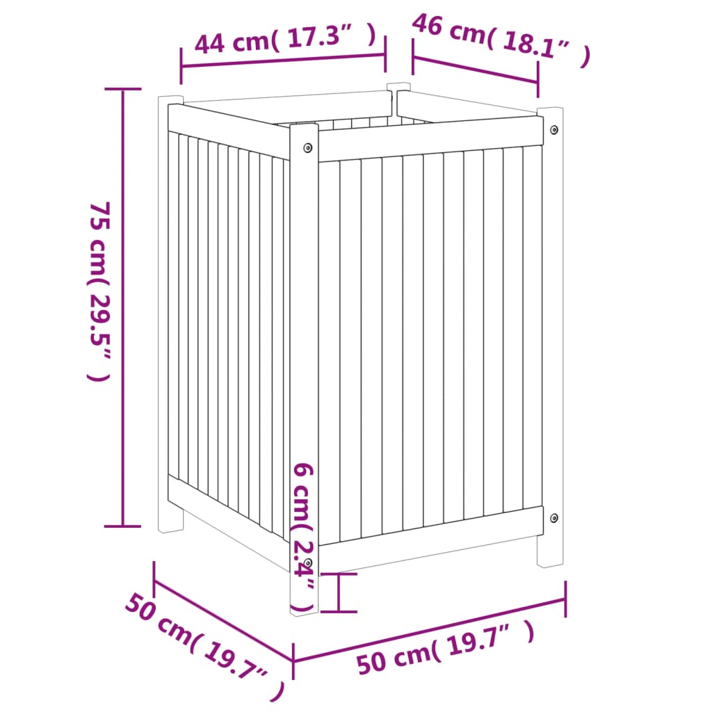 Vaso/floreira de jardim com forro 50x50x75 cm acácia maciça