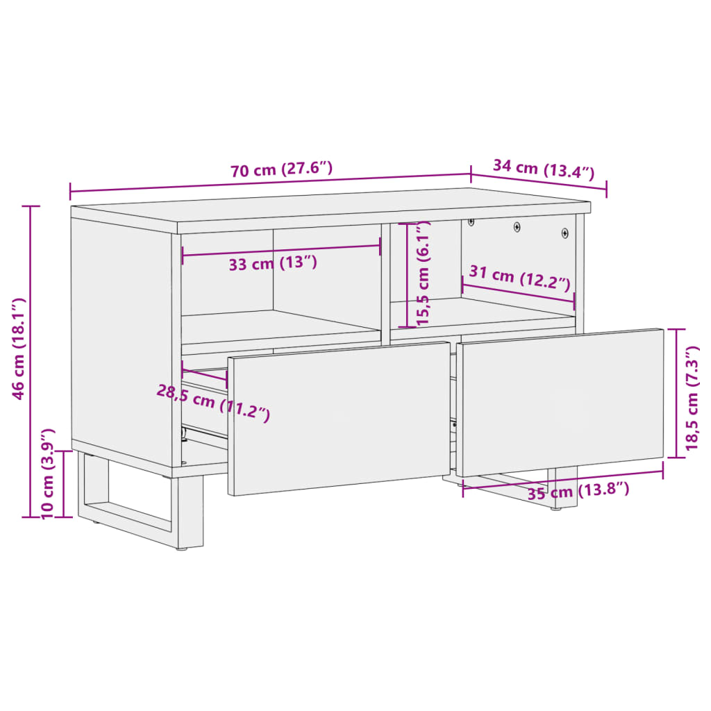 Móvel de TV 70x34x46 cm madeira de mangueira maciça branco