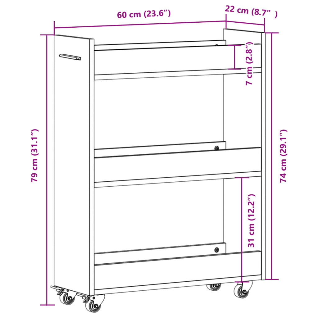 Armário c/ rodas 60x22x79 cm derivados de madeira cinza cimento