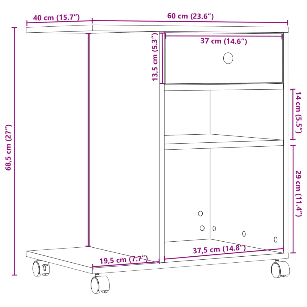 Suporte para impressora com rodas 60x40x68,5 cm cinzento sonoma