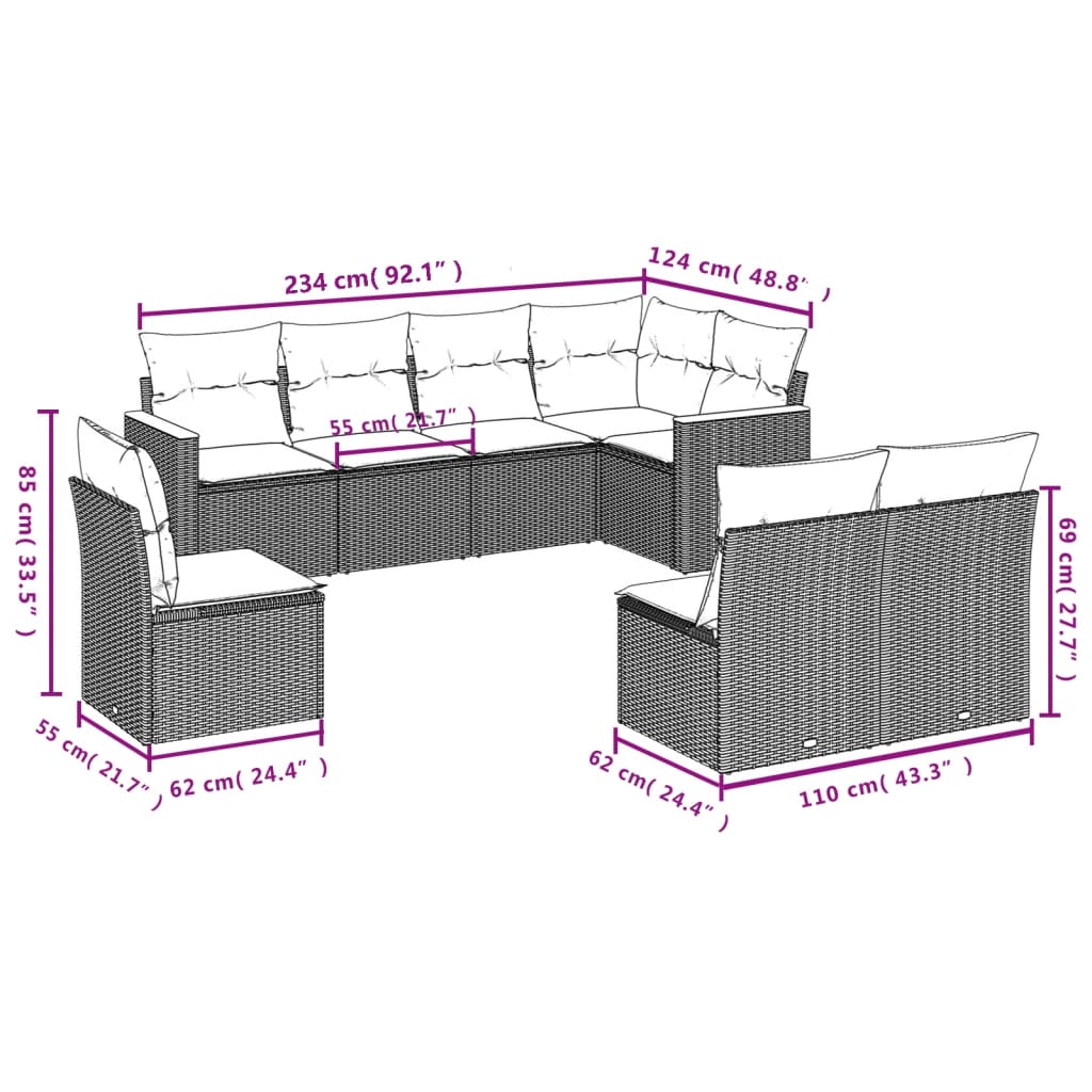 8 pcs conjunto sofás de jardim com almofadões vime PE preto