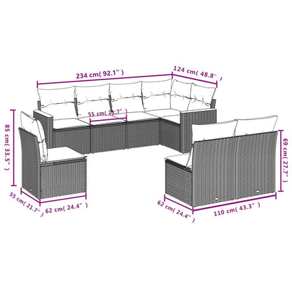 8 pcs conjunto sofás de jardim com almofadões vime PE preto