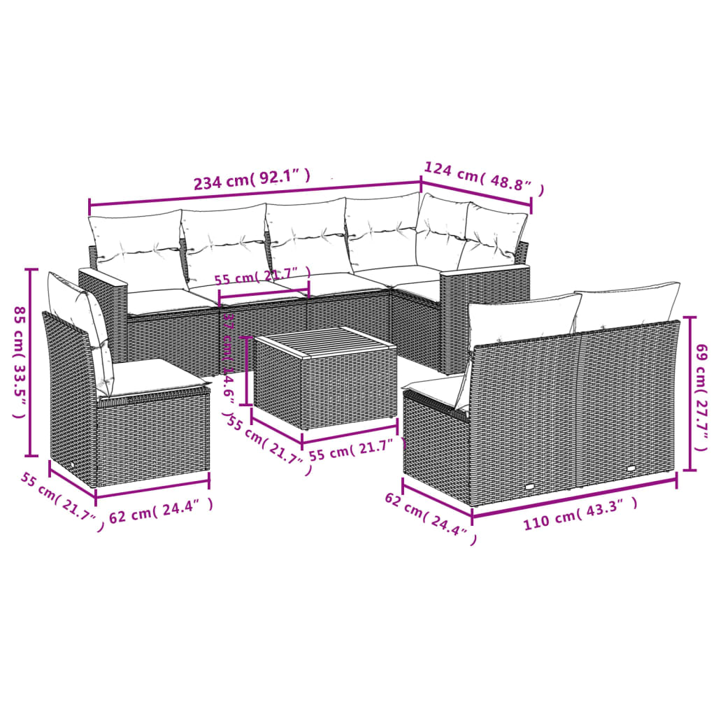 9 pcs conjunto de sofás p/ jardim c/ almofadões vime PE preto