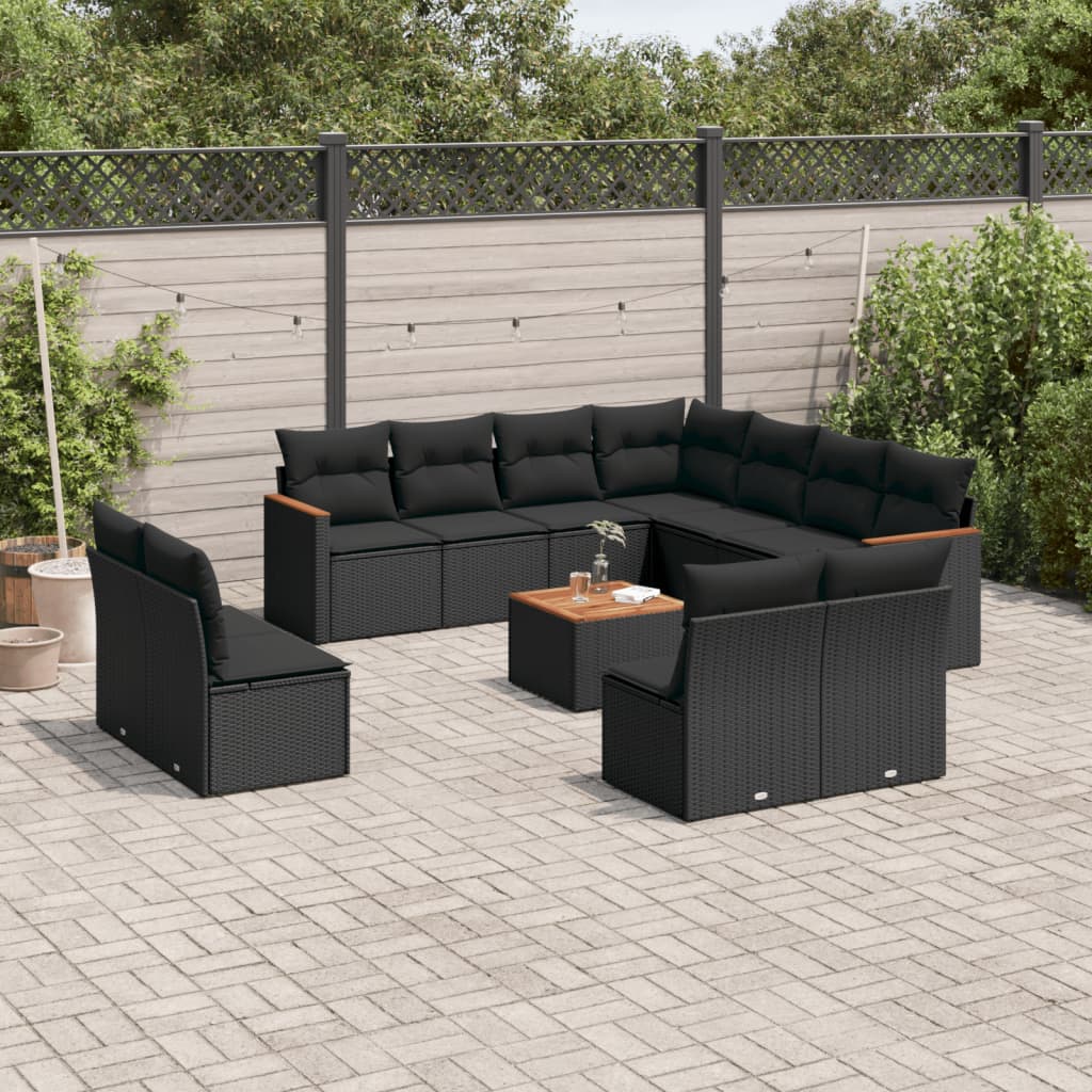 12 pcs conjunto de sofás de jardim c/ almofadões vime PE preto