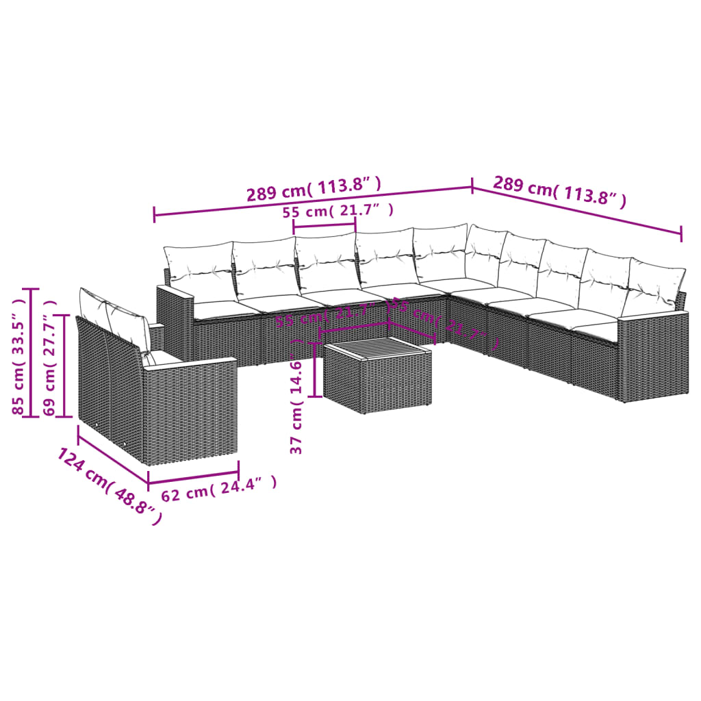 12 pcs conjunto de sofás de jardim c/ almofadões vime PE preto