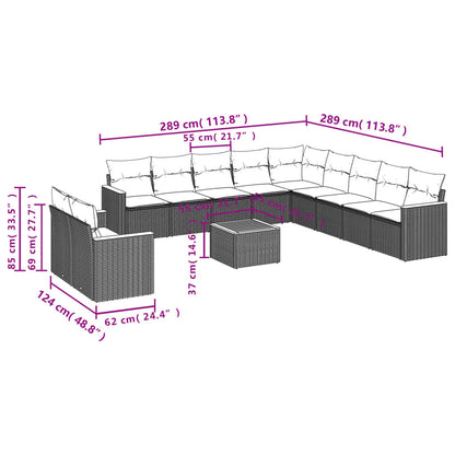 12 pcs conjunto de sofás jardim c/ almofadões vime PE cinzento