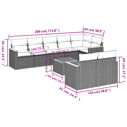 9 pcs conjunto de sofás p/ jardim com almofadões vime PE bege