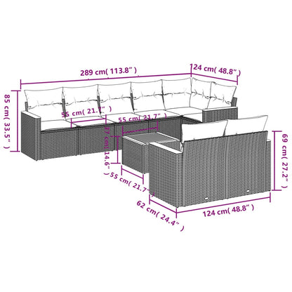 9 pcs conjunto sofás p/ jardim com almofadões vime PE cinzento