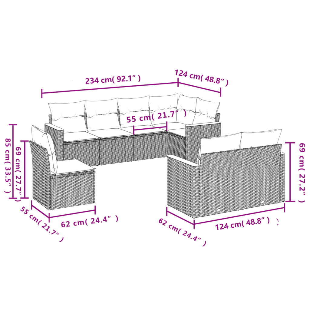 8 pcs conjunto sofás de jardim com almofadões vime PE preto