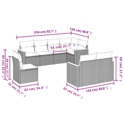 8 pcs conjunto sofás de jardim c/ almofadões vime PE cinzento