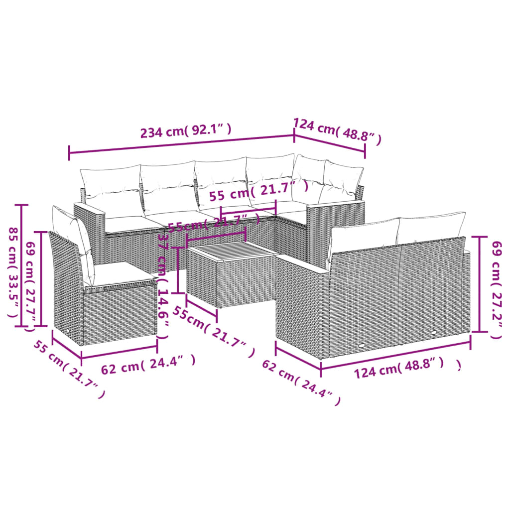 9 pcs conjunto de sofás p/ jardim com almofadões vime PE bege