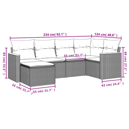 6 pcs conj. sofás jardim c/ almofadões vime PE bege misturado