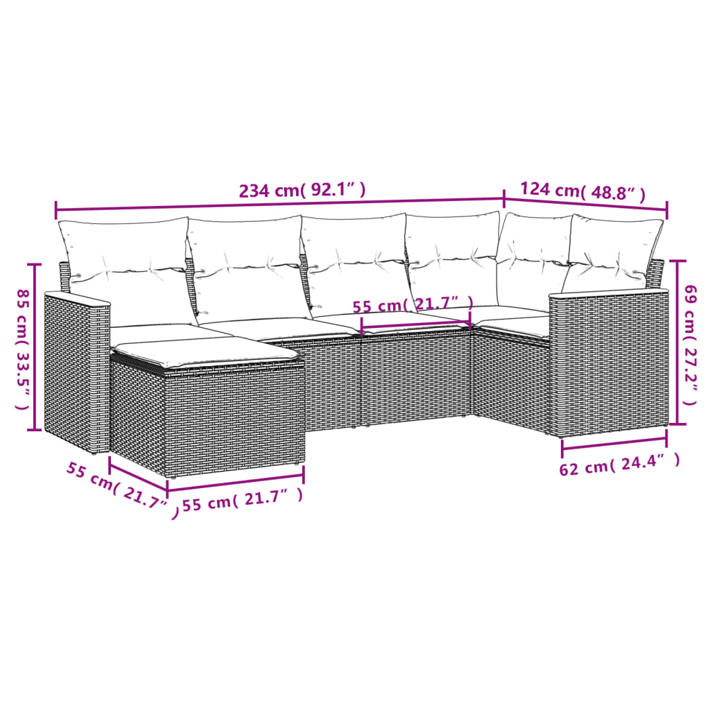 6 pcs conjunto sofás de jardim com almofadões vime cinzento