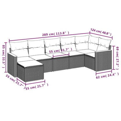 7 pcs conjunto de sofás p/ jardim c/ almofadões vime PE preto