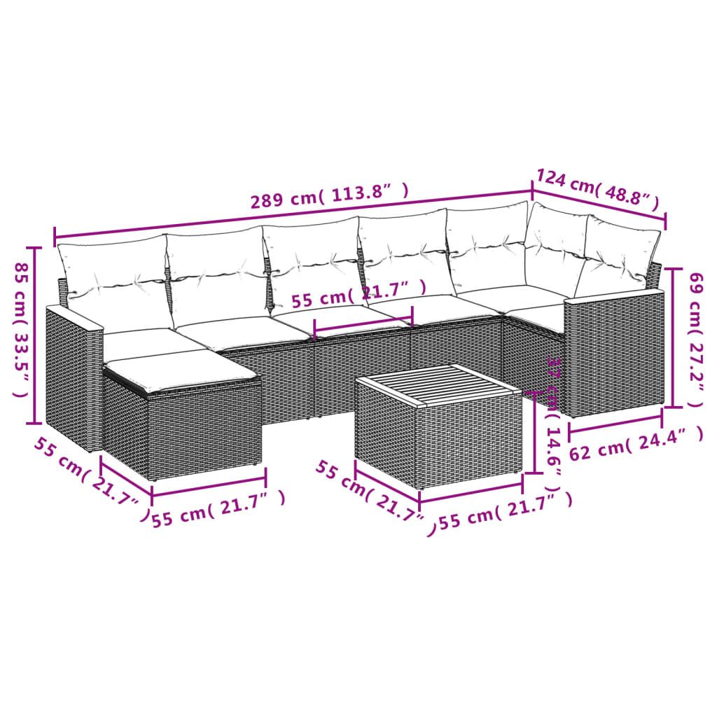 8 pcs conjunto sofás de jardim com almofadões vime PE preto