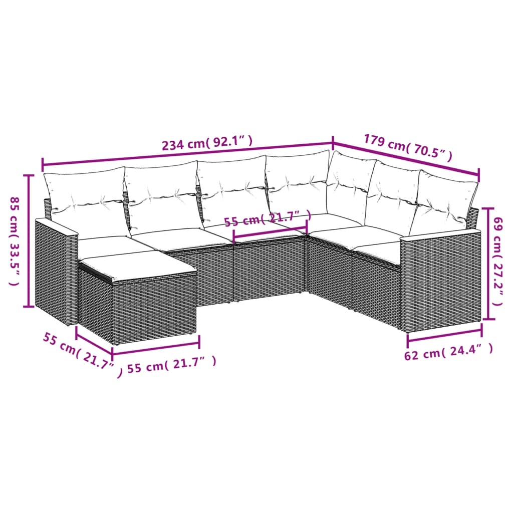 7 pcs conjunto de sofás p/ jardim com almofadões vime PE bege