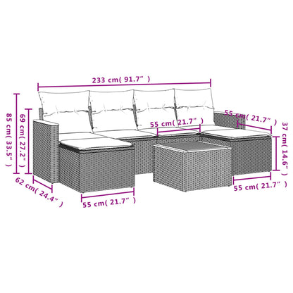 7 pcs conjunto sofás p/ jardim c/ almofadões vime PE cinzento