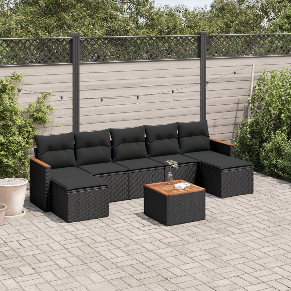 8 pcs conjunto sofás de jardim com almofadões vime PE preto