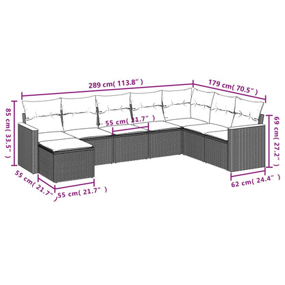 8 pcs conjunto sofás de jardim c/ almofadões vime PE cinzento