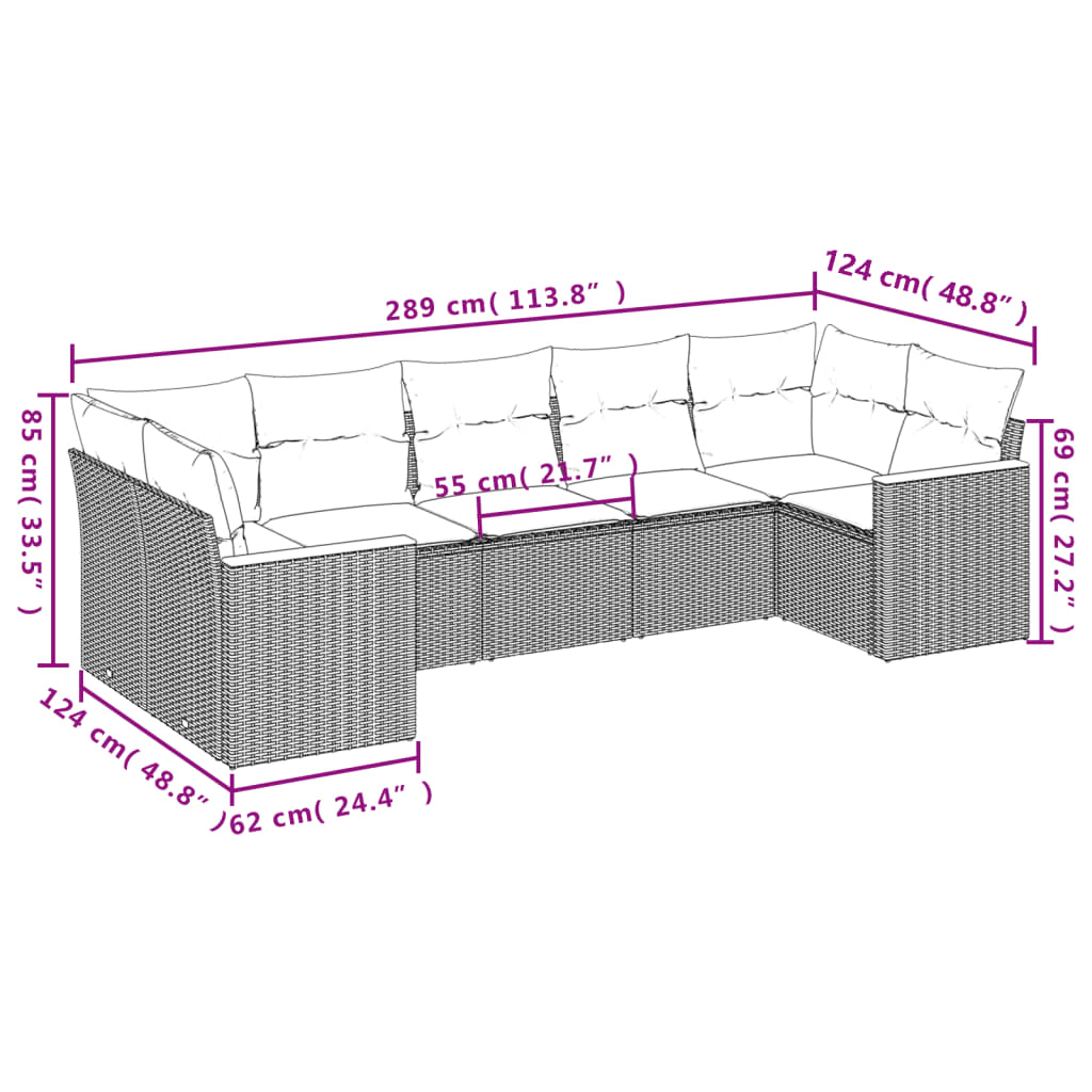 7 pcs conj. sofás jardim c/ almofadões vime PE bege misturado