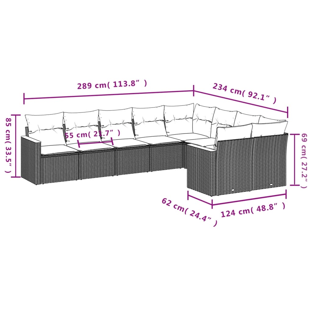 9 pcs conjunto de sofás p/ jardim c/ almofadões vime PE preto