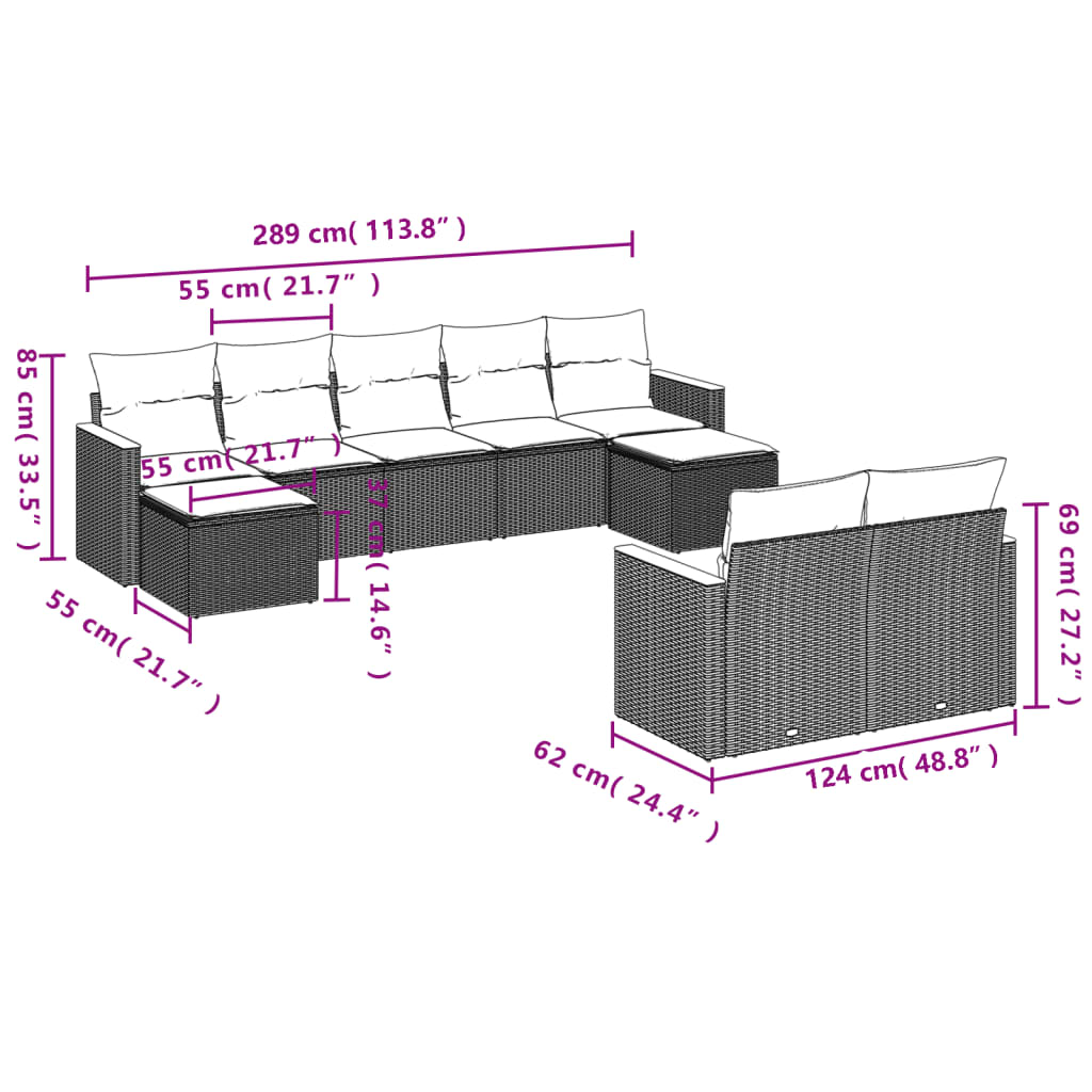 9 pcs conjunto de sofás p/ jardim c/ almofadões vime PE preto