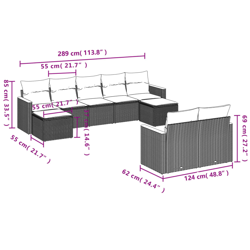 9 pcs conjunto sofás p/ jardim com almofadões vime PE cinzento