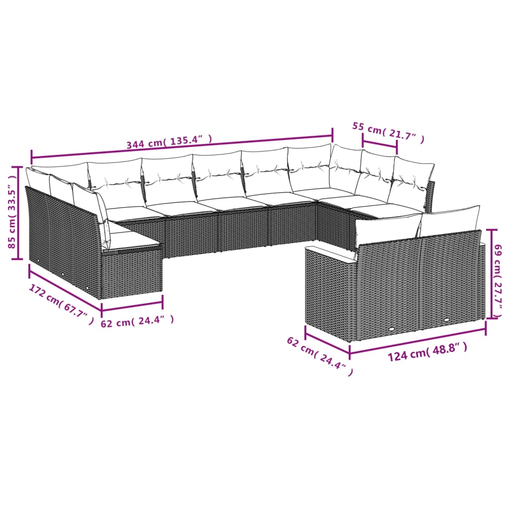 12 pcs conjunto de sofás p/ jardim com almofadões vime PE bege