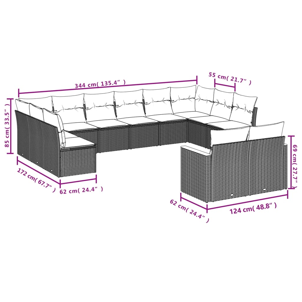 14 pcs conjunto sofás p/ jardim c/ almofadões vime PE cinzento