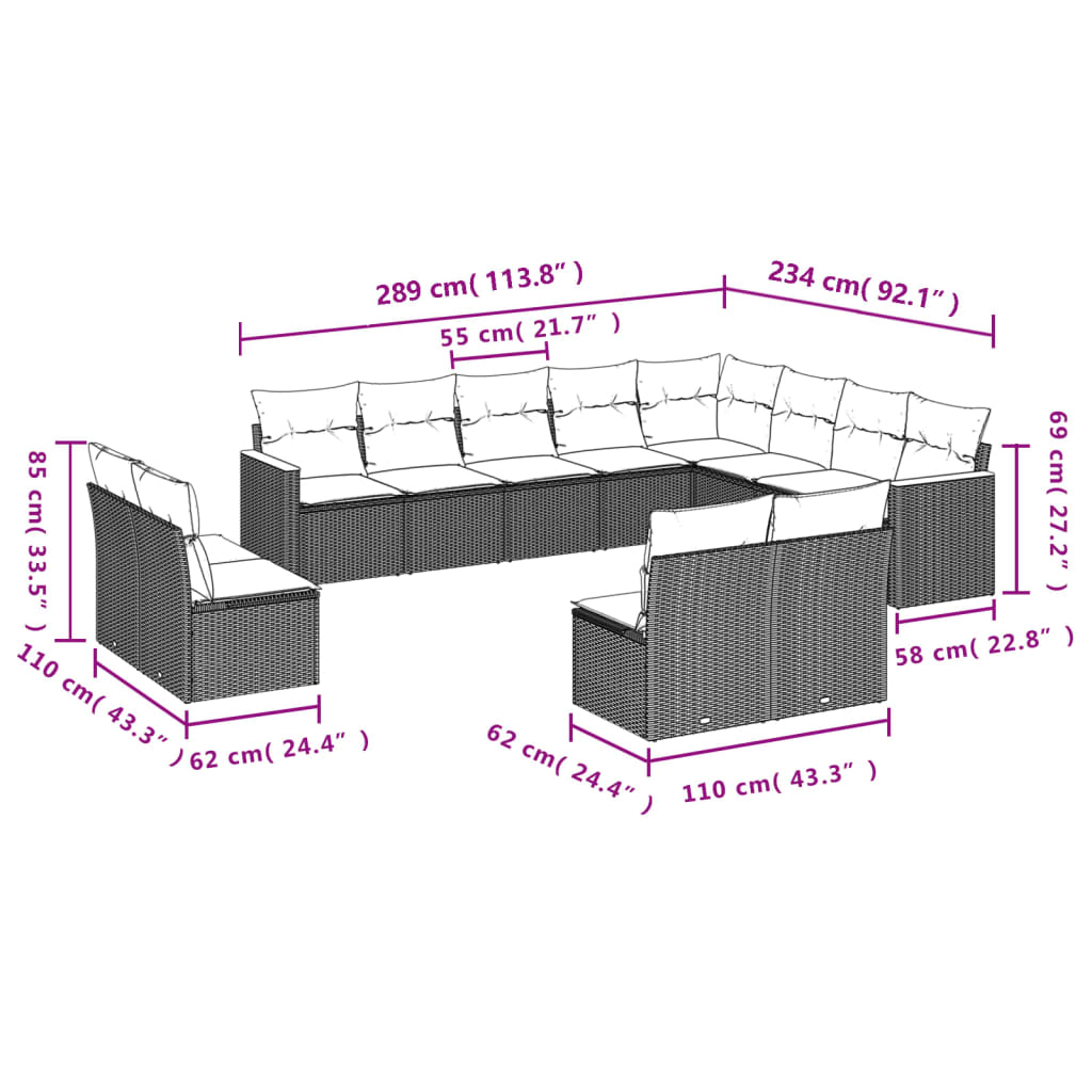 12 pcs conjunto de sofás p/ jardim com almofadões vime PE bege