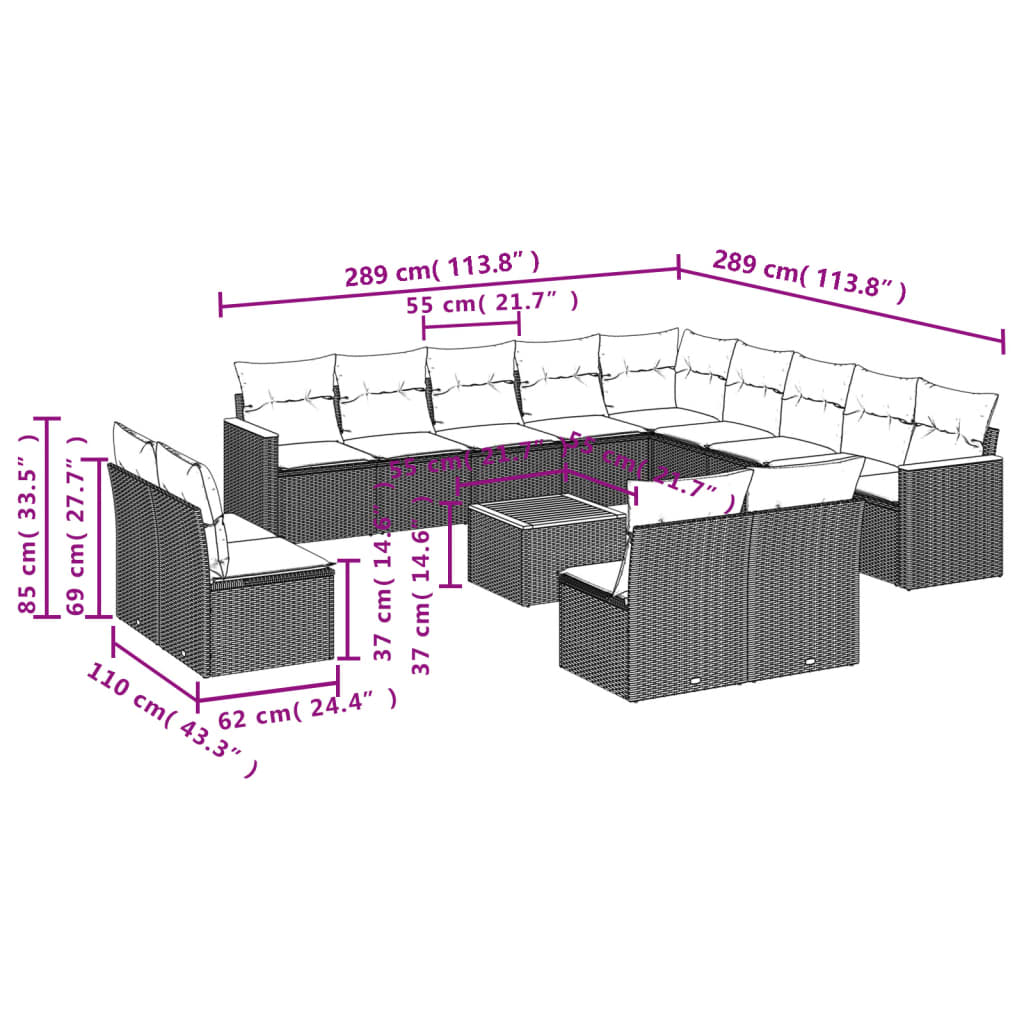 14 pcs conjunto de sofás p/ jardim c/ almofadões vime PE preto