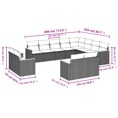 12 pcs conjunto de sofás jardim c/ almofadões vime PE cinzento