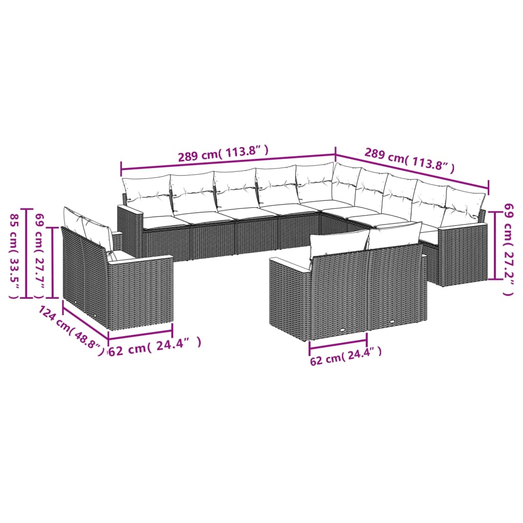 13 pcs conjunto de sofás p/ jardim com almofadões vime PE bege