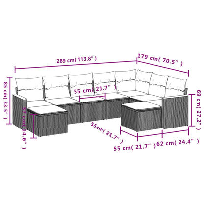 9 pcs conj. sofás jardim c/ almofadões vime PE bege misturado