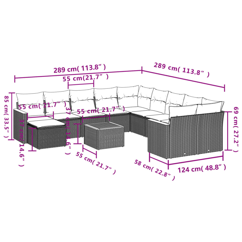 12 pcs conjunto de sofás de jardim c/ almofadões vime PE preto