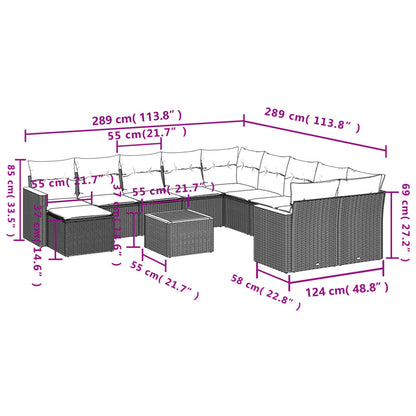 12 pcs conjunto de sofás de jardim c/ almofadões vime PE preto